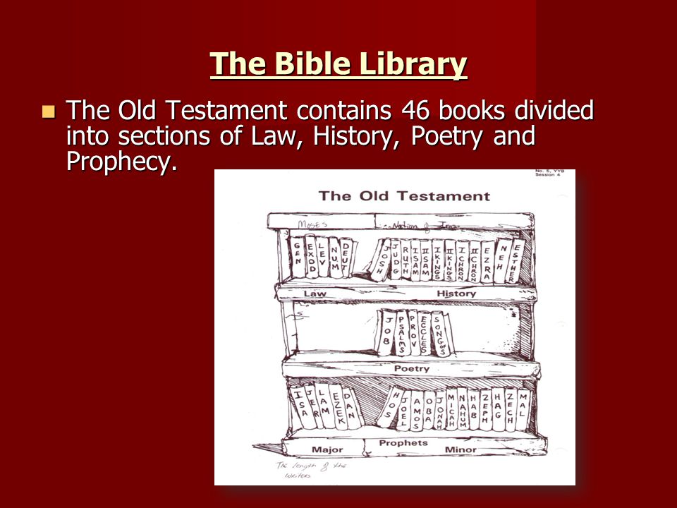 The Bible Library The Old Testament contains 46 books divided into sections of Law, History, Poetry and Prophecy.