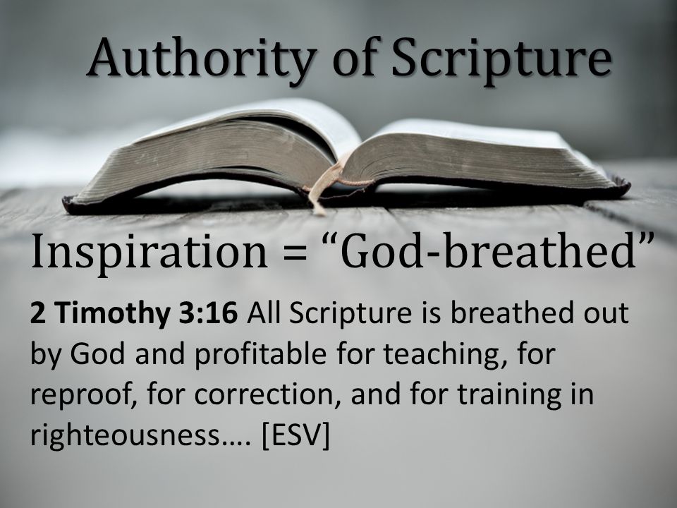 Inspiration = God-breathed 2 Timothy 3:16 All Scripture is breathed out by God and profitable for teaching, for reproof, for correction, and for training in righteousness….