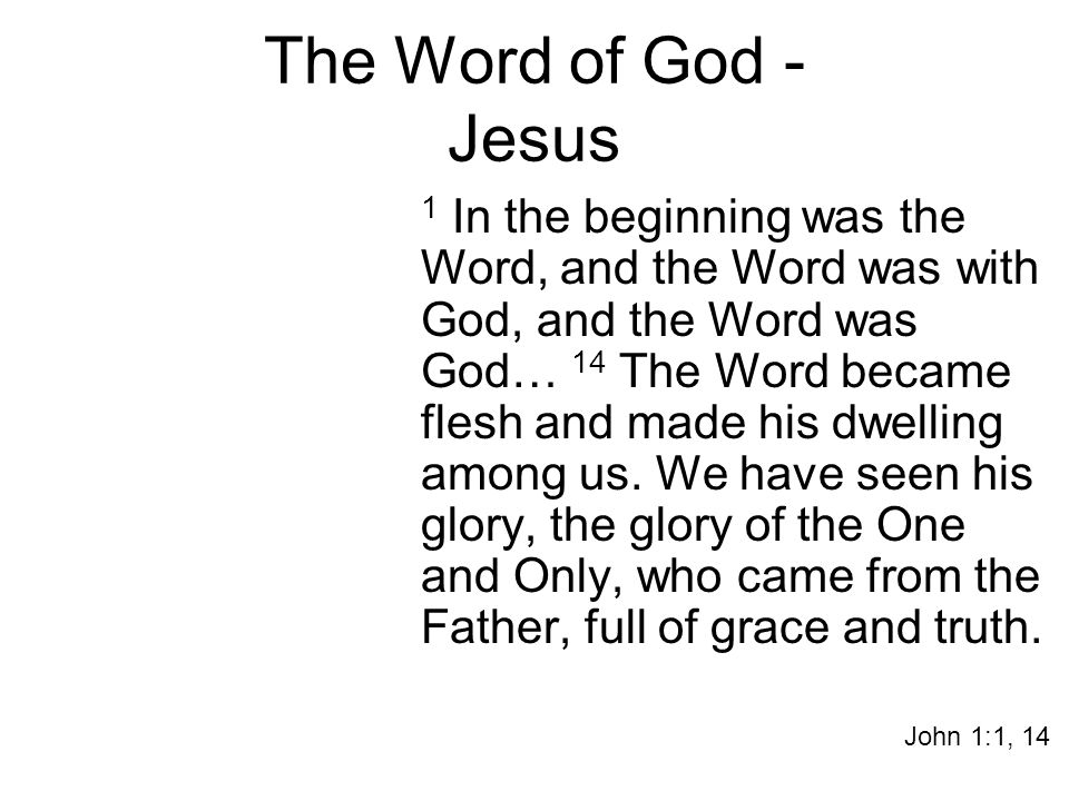 The Word of God - Jesus 1 In the beginning was the Word, and the Word was with God, and the Word was God… 14 The Word became flesh and made his dwelling among us.