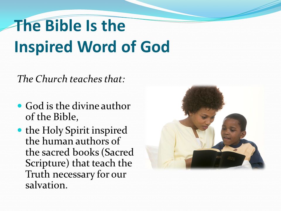 The Bible Is the Inspired Word of God The Church teaches that: God is the divine author of the Bible, the Holy Spirit inspired the human authors of the sacred books (Sacred Scripture) that teach the Truth necessary for our salvation.