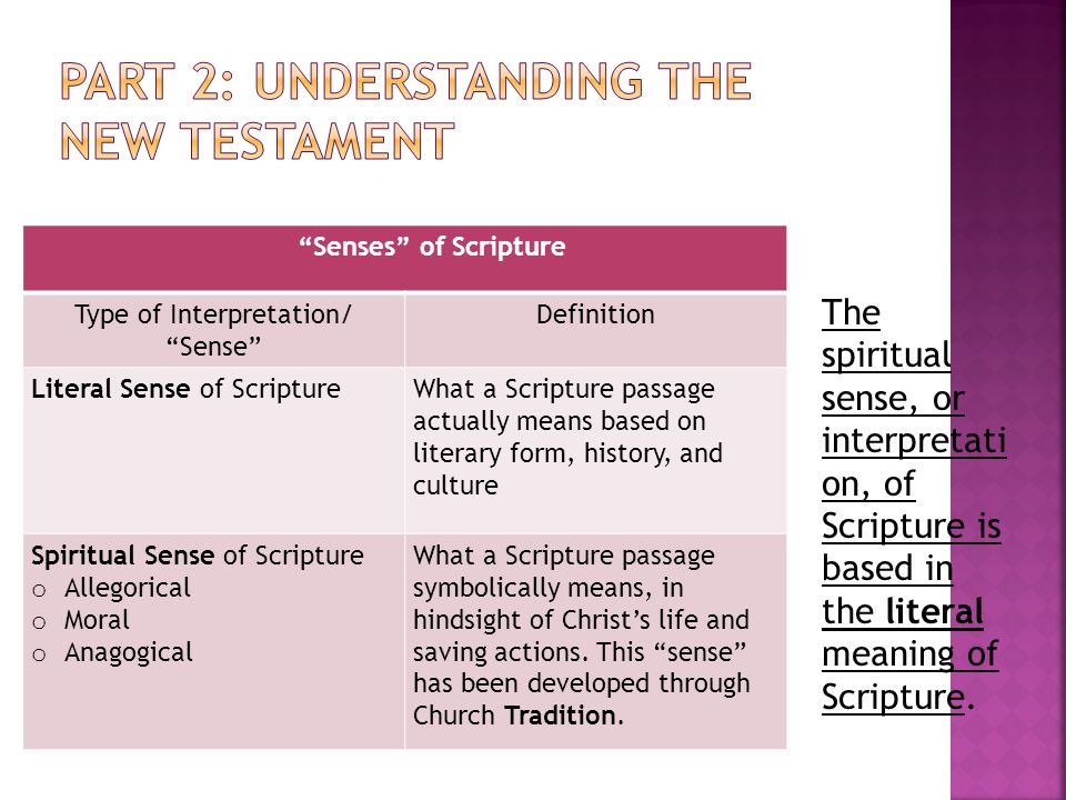 Senses of Scripture Type of Interpretation/ Sense Definition Literal Sense of ScriptureWhat a Scripture passage actually means based on literary form, history, and culture Spiritual Sense of Scripture o Allegorical o Moral o Anagogical What a Scripture passage symbolically means, in hindsight of Christ’s life and saving actions.