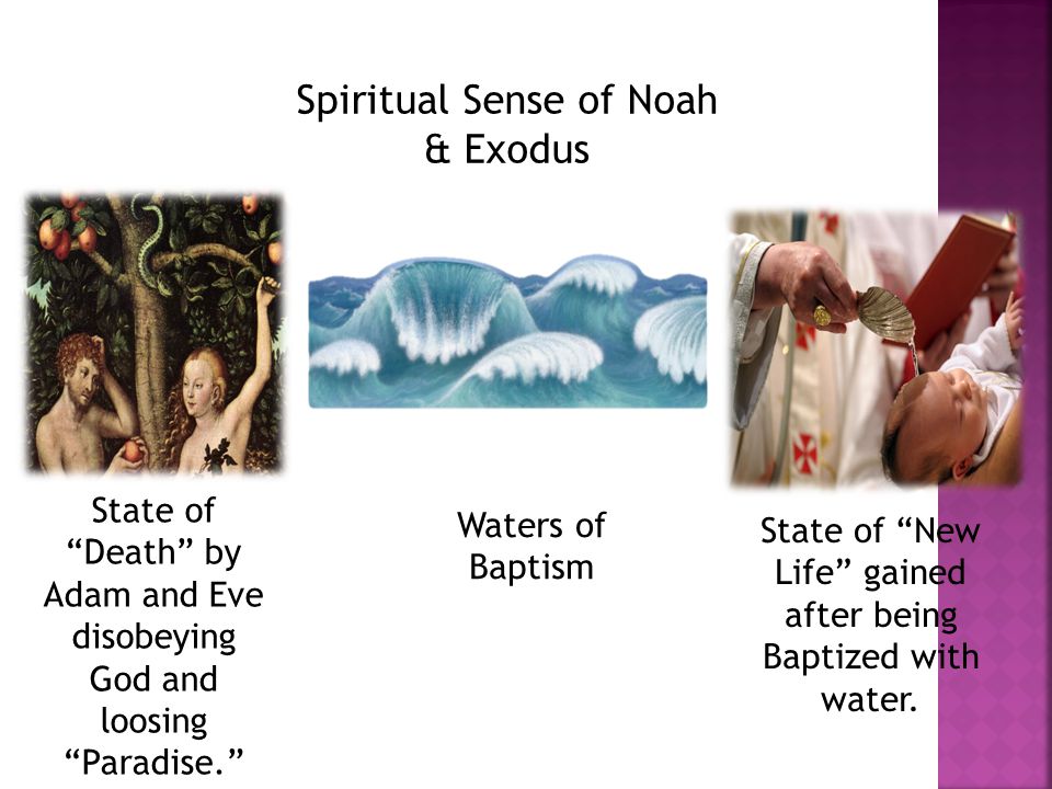 Spiritual Sense of Noah & Exodus State of Death by Adam and Eve disobeying God and loosing Paradise. Waters of Baptism State of New Life gained after being Baptized with water.