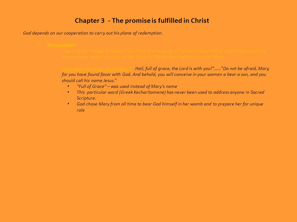 Chapter 3 - The promise is fulfilled in Christ God depends on our cooperation to carry out his plane of redemption.