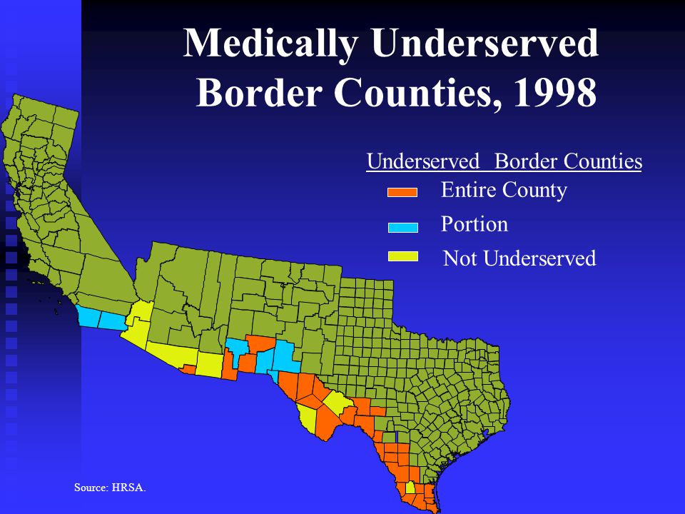 Medically Underserved Border Counties, 1998 Underserved Border Counties Entire County Portion Not Underserved Source: HRSA.