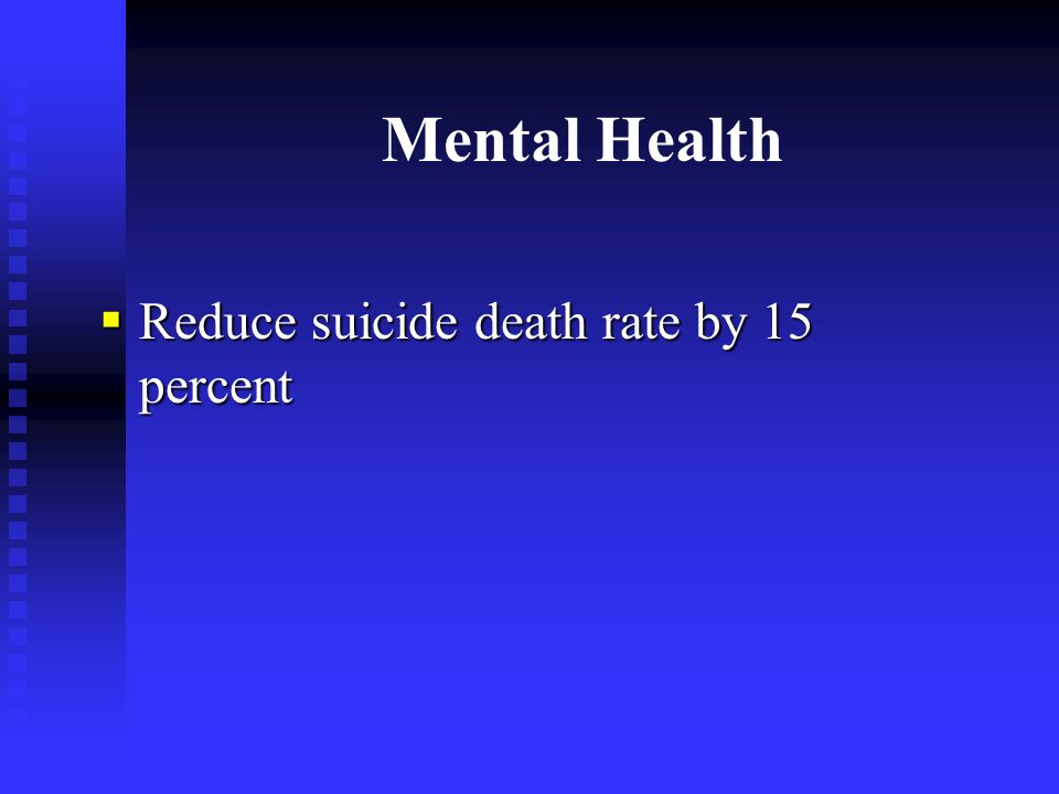 Mental Health  Reduce suicide death rate by 15 percent