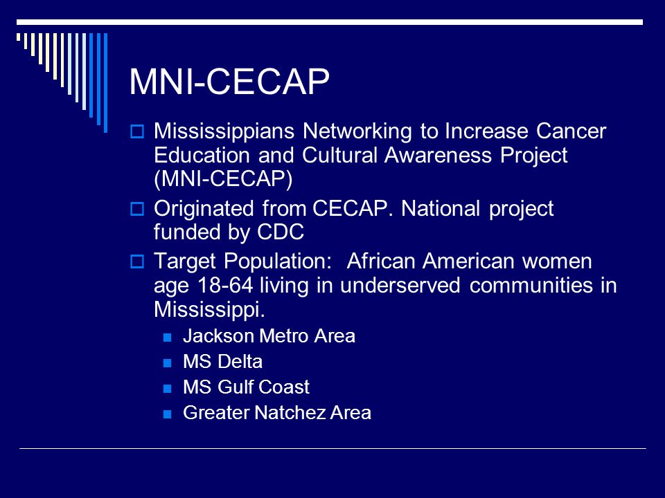 MNI-CECAP  Mississippians Networking to Increase Cancer Education and Cultural Awareness Project (MNI-CECAP)  Originated from CECAP.