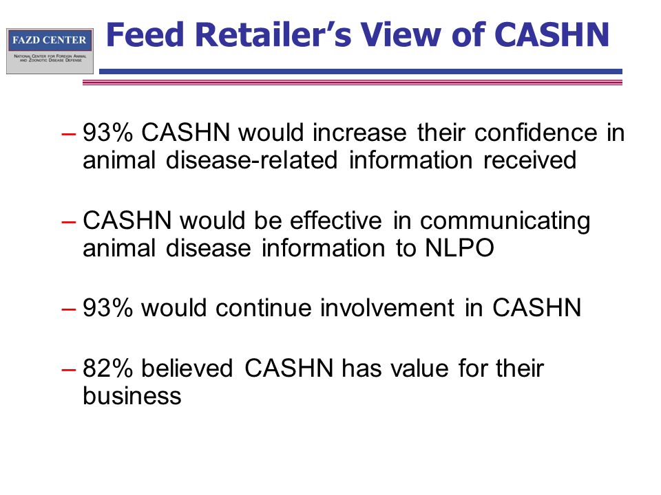 Feed Retailer’s View of CASHN –93% CASHN would increase their confidence in animal disease-related information received –CASHN would be effective in communicating animal disease information to NLPO –93% would continue involvement in CASHN –82% believed CASHN has value for their business