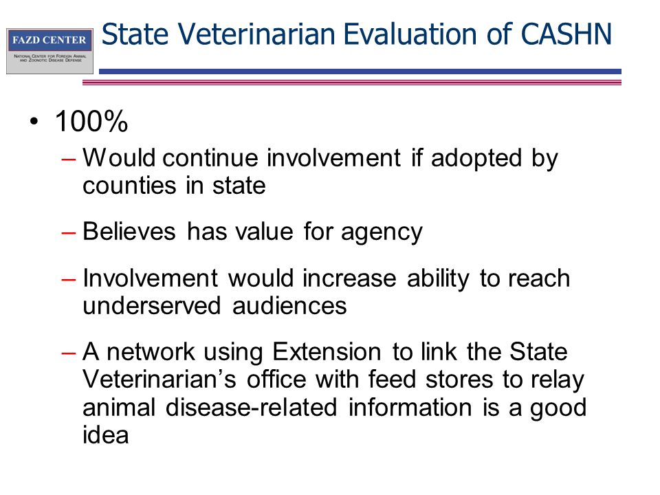 State Veterinarian Evaluation of CASHN 100% –Would continue involvement if adopted by counties in state –Believes has value for agency –Involvement would increase ability to reach underserved audiences –A network using Extension to link the State Veterinarian’s office with feed stores to relay animal disease-related information is a good idea