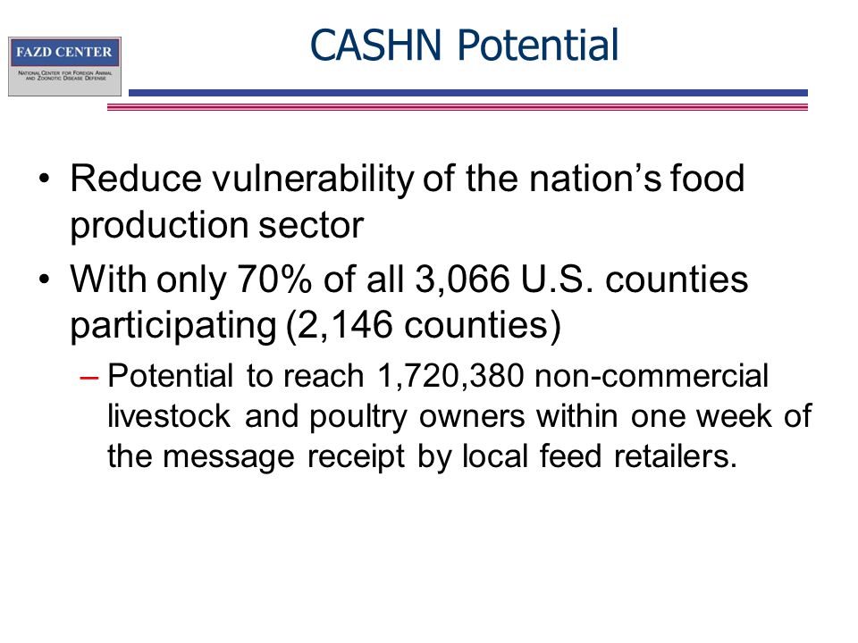 CASHN Potential Reduce vulnerability of the nation’s food production sector With only 70% of all 3,066 U.S.
