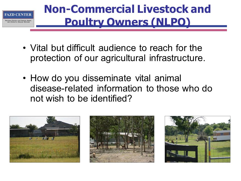 Non-Commercial Livestock and Poultry Owners (NLPO) Vital but difficult audience to reach for the protection of our agricultural infrastructure.