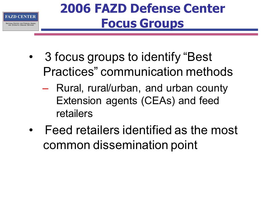 2006 FAZD Defense Center Focus Groups 3 focus groups to identify Best Practices communication methods –Rural, rural/urban, and urban county Extension agents (CEAs) and feed retailers Feed retailers identified as the most common dissemination point
