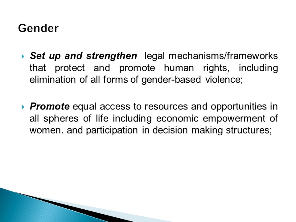  Set up and strengthen legal mechanisms/frameworks that protect and promote human rights, including elimination of all forms of gender-based violence;  Promote equal access to resources and opportunities in all spheres of life including economic empowerment of women.