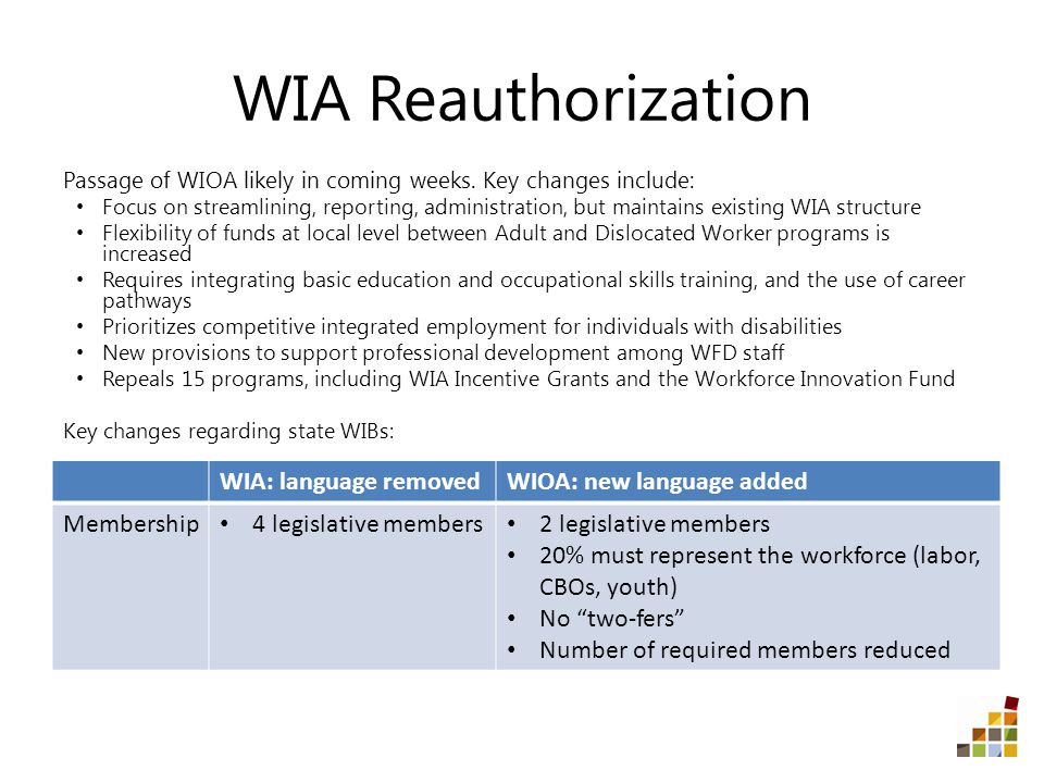 WIA Reauthorization Passage of WIOA likely in coming weeks.