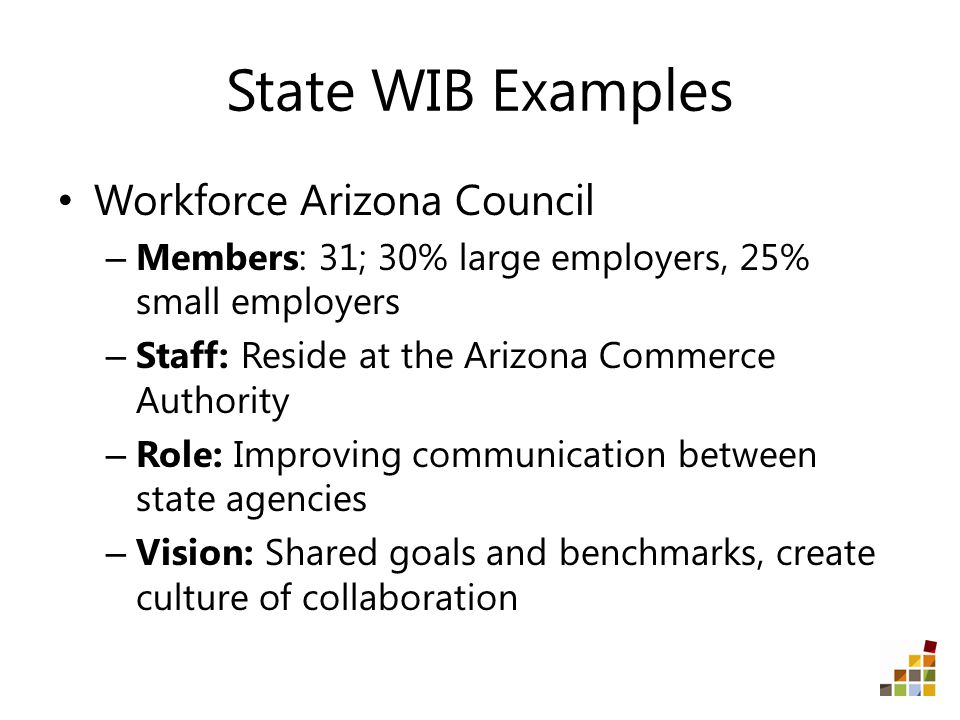 State WIB Examples Workforce Arizona Council – Members: 31; 30% large employers, 25% small employers – Staff: Reside at the Arizona Commerce Authority – Role: Improving communication between state agencies – Vision: Shared goals and benchmarks, create culture of collaboration