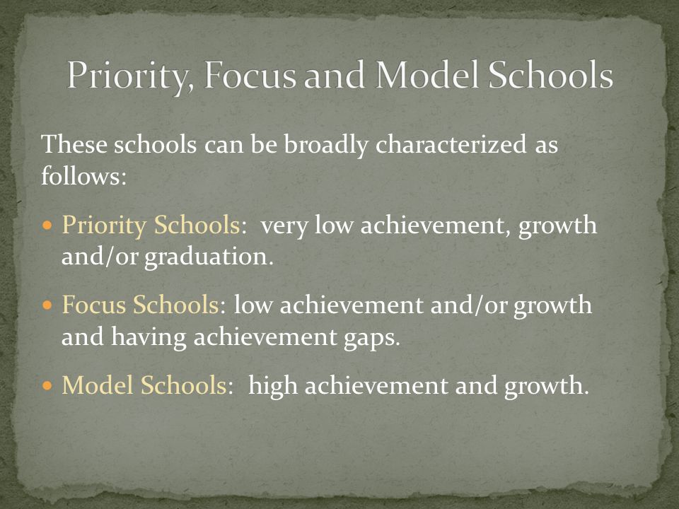 These schools can be broadly characterized as follows: Priority Schools: very low achievement, growth and/or graduation.