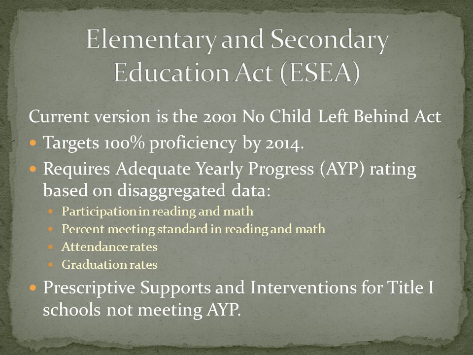 Current version is the 2001 No Child Left Behind Act Targets 100% proficiency by 2014.