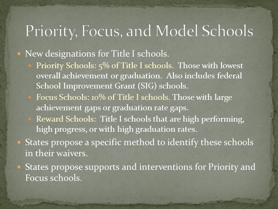 New designations for Title I schools. Priority Schools: 5% of Title I schools.