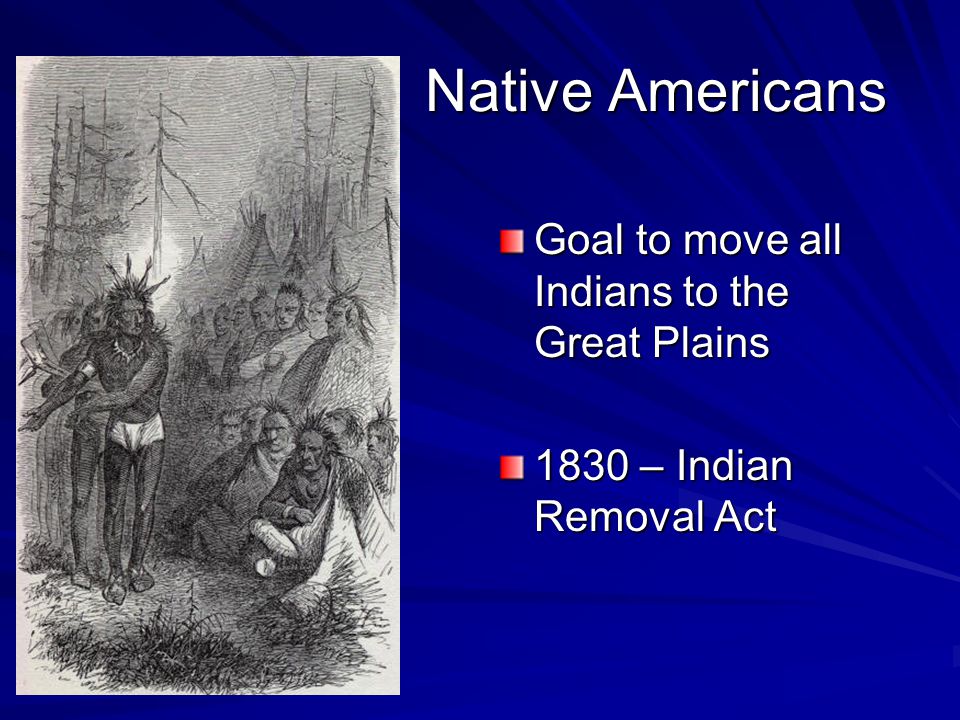 Native Americans Goal to move all Indians to the Great Plains 1830 – Indian Removal Act