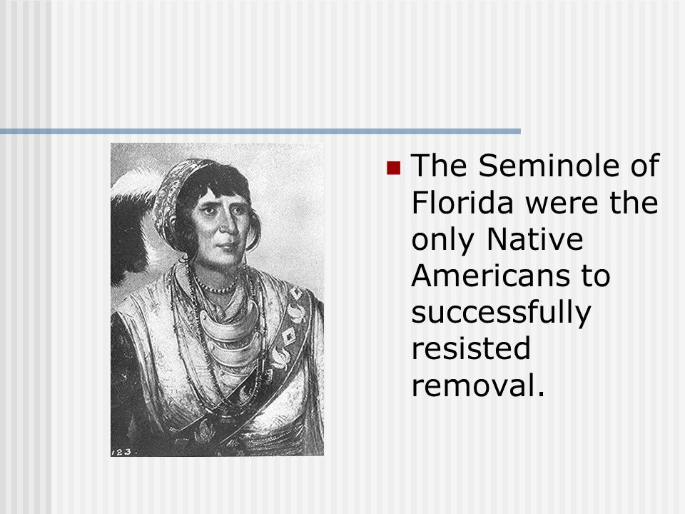 The Seminole of Florida were the only Native Americans to successfully resisted removal.