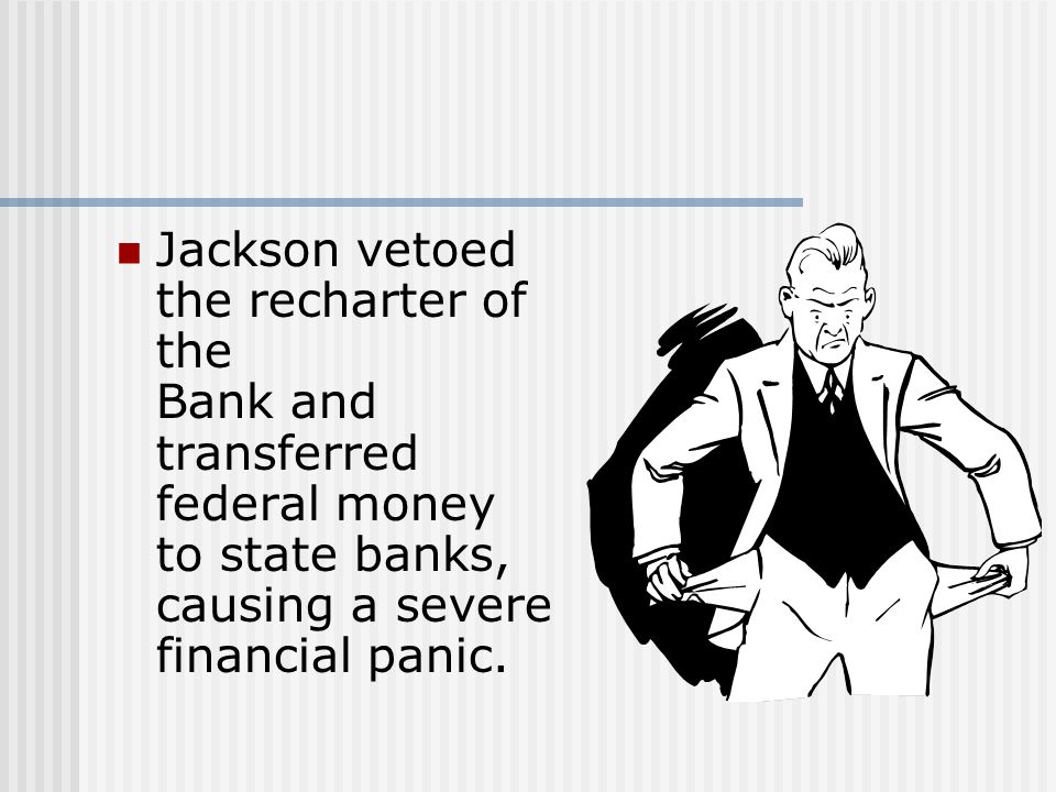 Jackson vetoed the recharter of the Bank and transferred federal money to state banks, causing a severe financial panic.