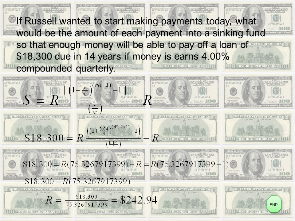 If Russell wanted to start making payments today, what would be the amount of each payment into a sinking fund so that enough money will be able to pay off a loan of $18,300 due in 14 years if money is earns 4.00% compounded quarterly.