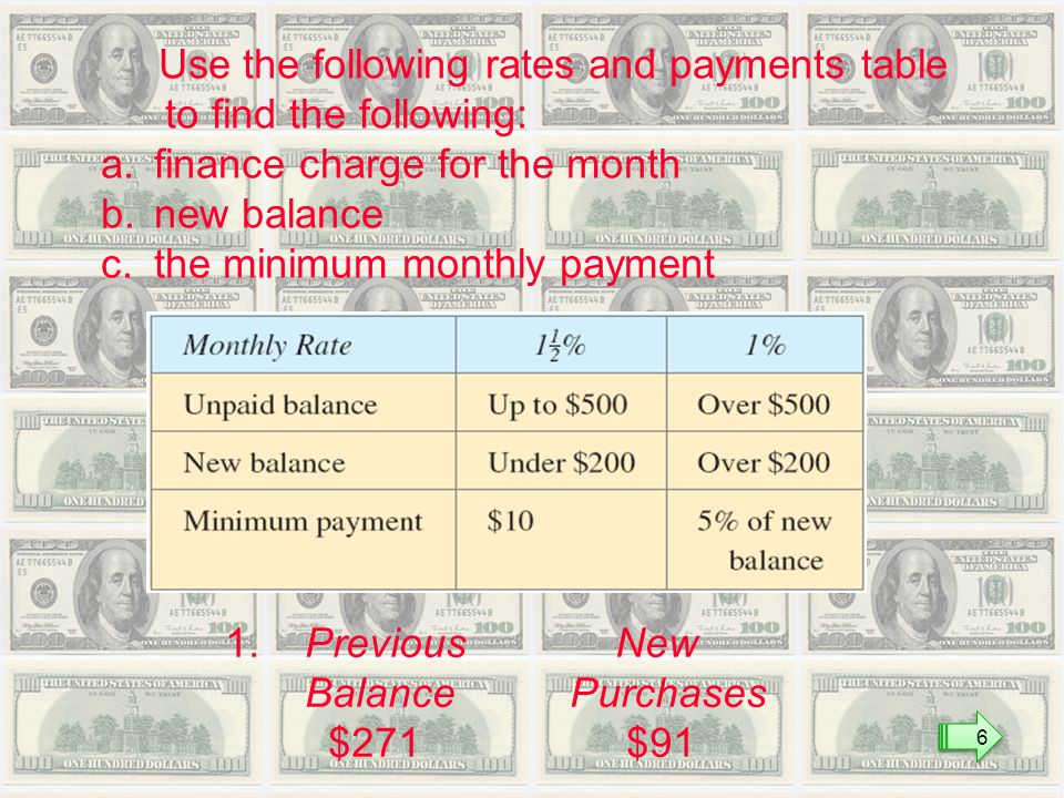 Use the following rates and payments table to find the following: a.finance charge for the month b.new balance c.the minimum monthly payment 1.