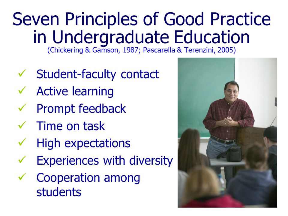 Seven Principles of Good Practice in Undergraduate Education (Chickering & Gamson, 1987; Pascarella & Terenzini, 2005) Student-faculty contact Active learning Prompt feedback Time on task High expectations Experiences with diversity Cooperation among students