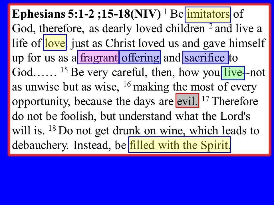 Ephesians 5:1-2 ;15-18(NIV) 1 Be imitators of God, therefore, as dearly loved children 2 and live a life of love, just as Christ loved us and gave himself up for us as a fragrant offering and sacrifice to God…… 15 Be very careful, then, how you live--not as unwise but as wise, 16 making the most of every opportunity, because the days are evil.
