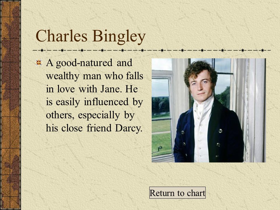 Charles Bingley A good-natured and wealthy man who falls in love with Jane.
