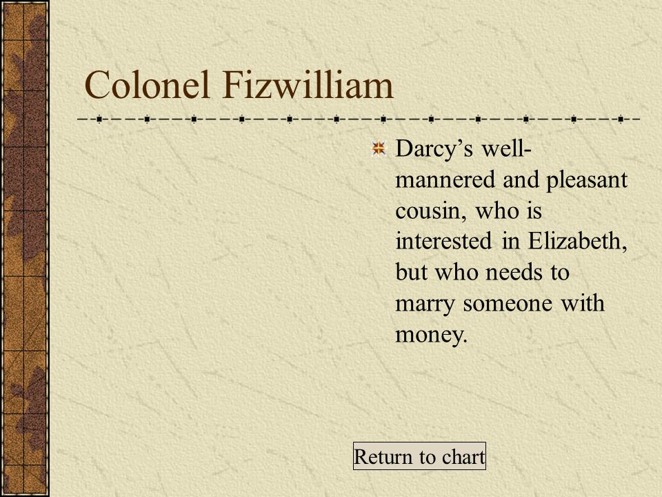 Colonel Fizwilliam Darcy’s well- mannered and pleasant cousin, who is interested in Elizabeth, but who needs to marry someone with money.