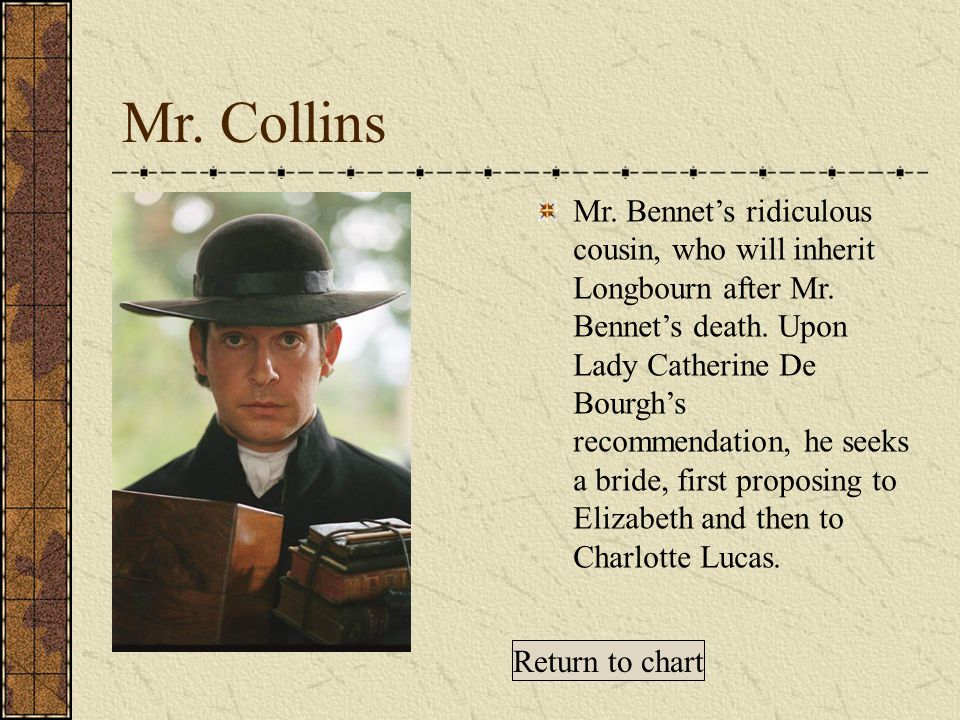 Mr. Collins Mr. Bennet’s ridiculous cousin, who will inherit Longbourn after Mr.