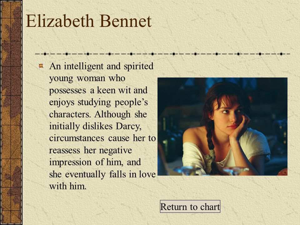 Elizabeth Bennet An intelligent and spirited young woman who possesses a keen wit and enjoys studying people’s characters.