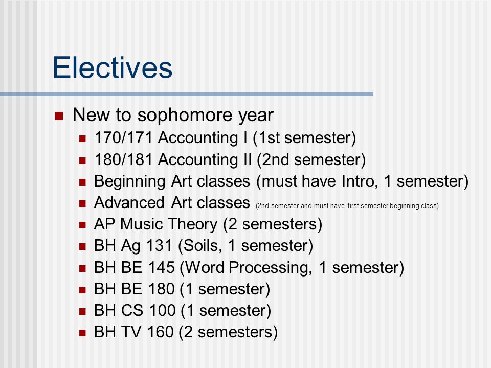 Electives New to sophomore year 170/171 Accounting I (1st semester) 180/181 Accounting II (2nd semester) Beginning Art classes (must have Intro, 1 semester) Advanced Art classes (2nd semester and must have first semester beginning class) AP Music Theory (2 semesters) BH Ag 131 (Soils, 1 semester) BH BE 145 (Word Processing, 1 semester) BH BE 180 (1 semester) BH CS 100 (1 semester) BH TV 160 (2 semesters)