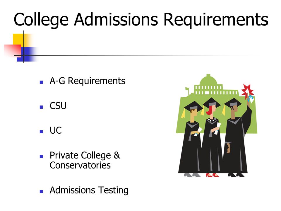 College Admissions Requirements A-G Requirements CSU UC Private College & Conservatories Admissions Testing