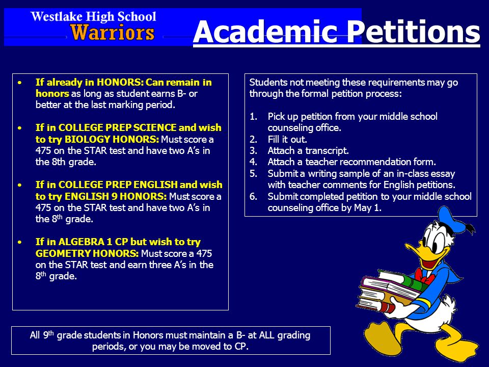 Academic Petitions If already in HONORS: Can remain in honorsIf already in HONORS: Can remain in honors as long as student earns B- or better at the last marking period.