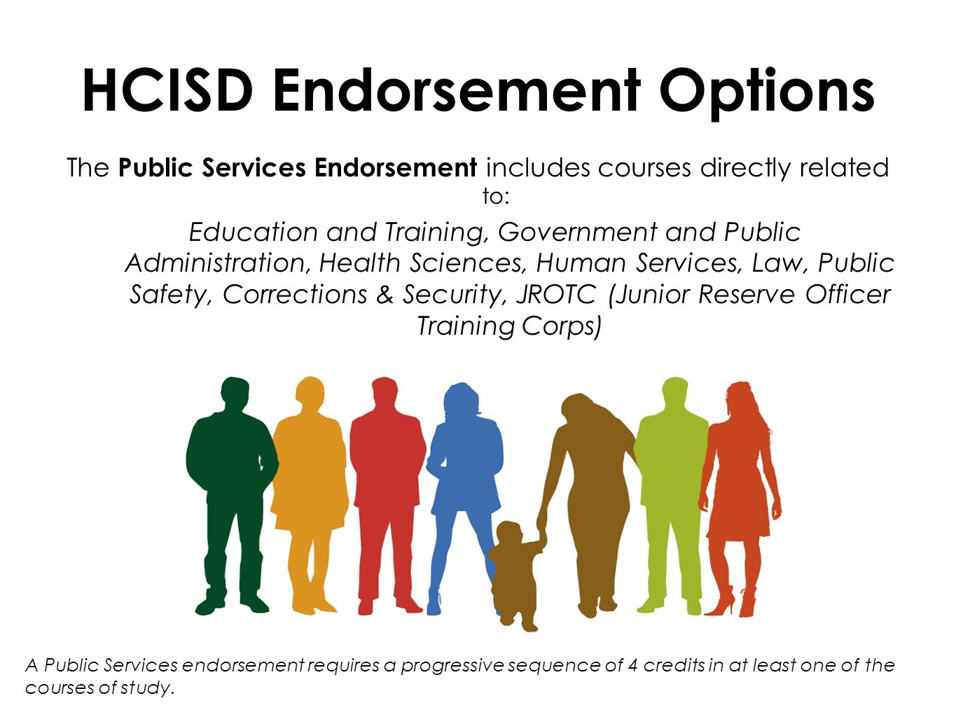HCISD Endorsement Options The Public Services Endorsement includes courses directly related to: Education and Training, Government and Public Administration, Health Sciences, Human Services, Law, Public Safety, Corrections & Security, JROTC (Junior Reserve Officer Training Corps) A Public Services endorsement requires a progressive sequence of 4 credits in at least one of the courses of study.