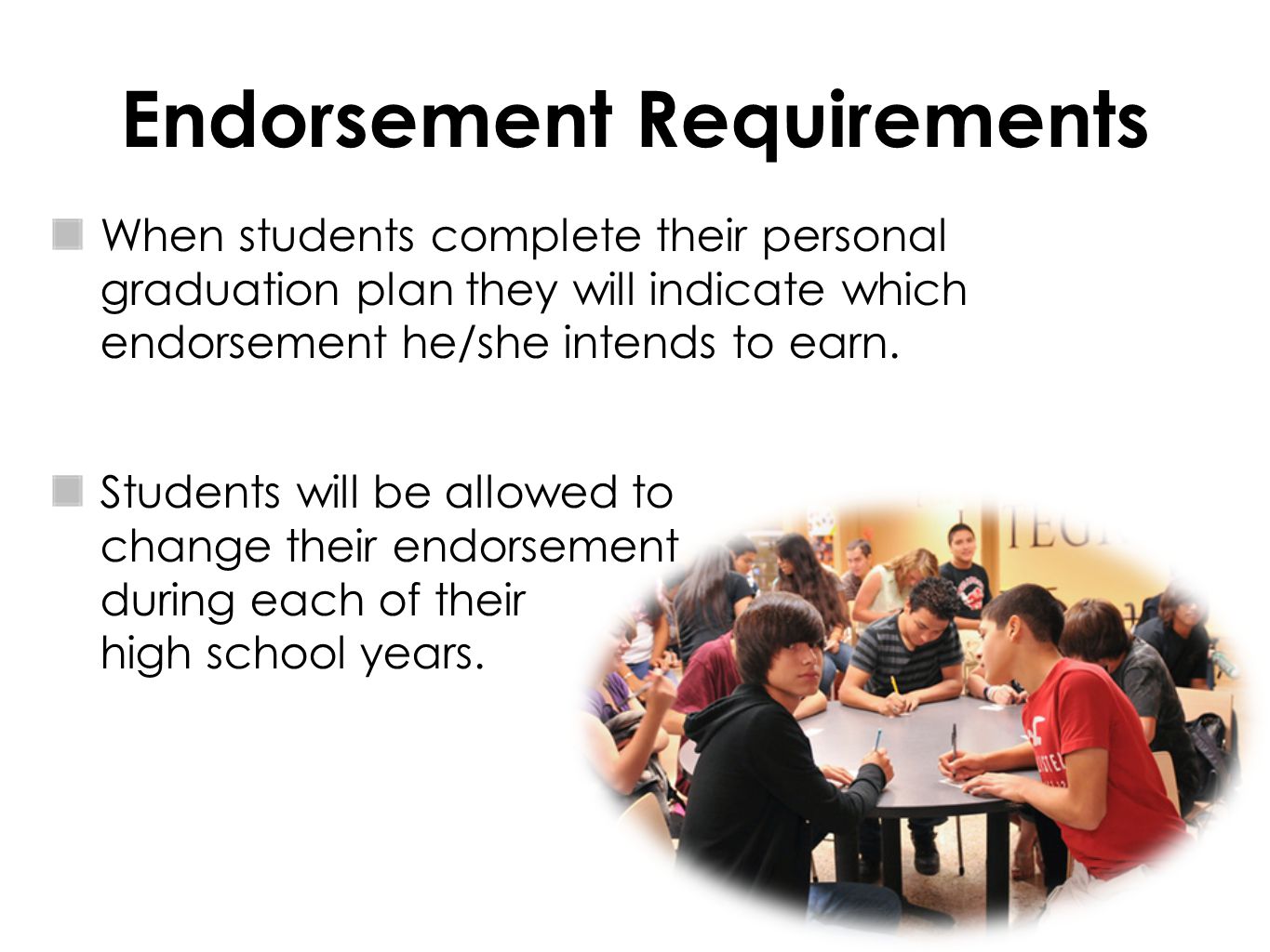 Endorsement Requirements When students complete their personal graduation plan they will indicate which endorsement he/she intends to earn.