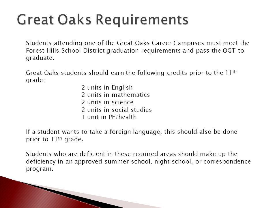 Students attending one of the Great Oaks Career Campuses must meet the Forest Hills School District graduation requirements and pass the OGT to graduate.