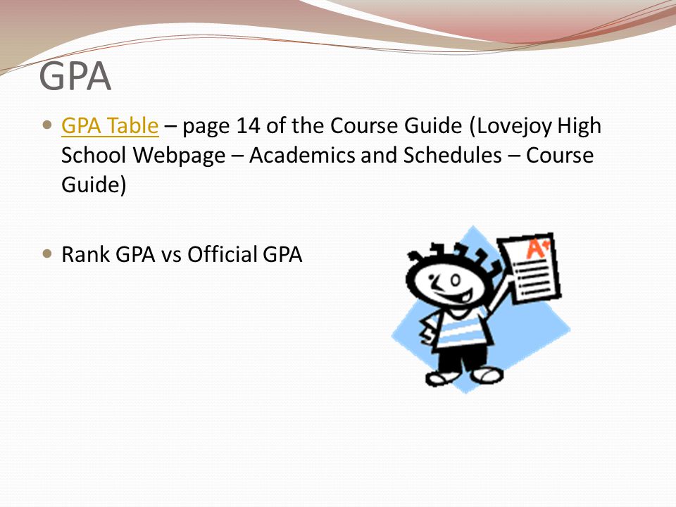 GPA GPA Table – page 14 of the Course Guide (Lovejoy High School Webpage – Academics and Schedules – Course Guide) GPA Table Rank GPA vs Official GPA