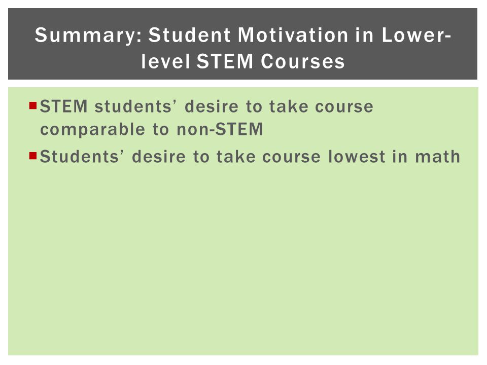  STEM students’ desire to take course comparable to non-STEM  Students’ desire to take course lowest in math Summary: Student Motivation in Lower- level STEM Courses