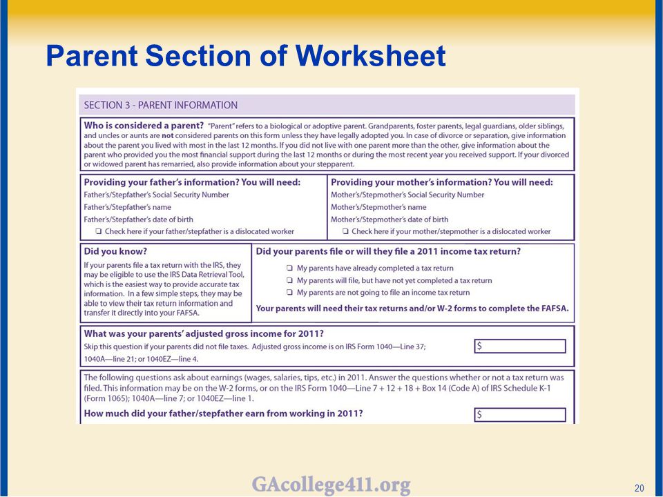 Parent Section of Worksheet 20
