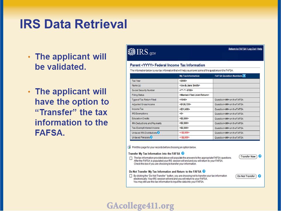 IRS Data Retrieval The applicant will be validated.