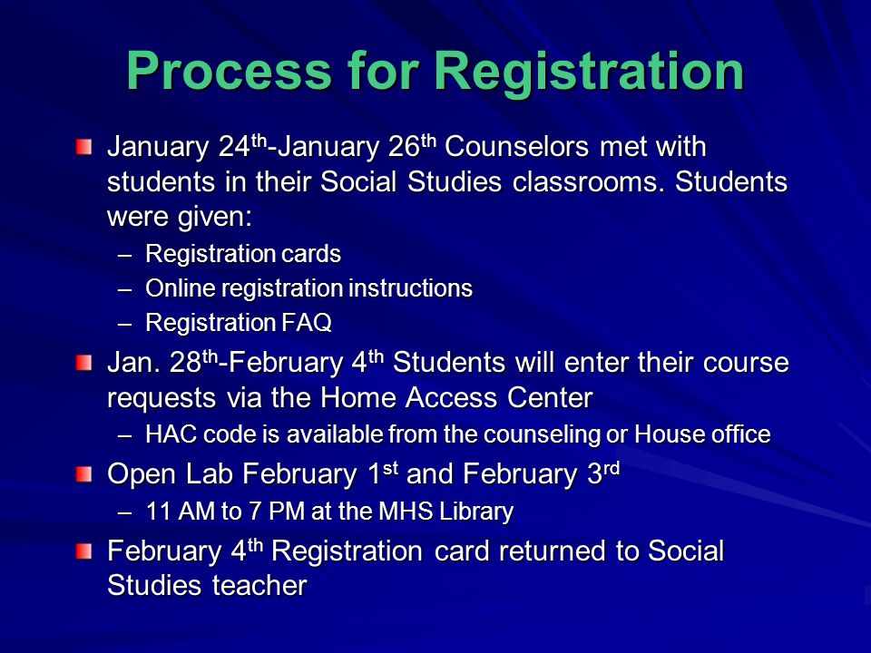 Process for Registration January 24 th -January 26 th Counselors met with students in their Social Studies classrooms.