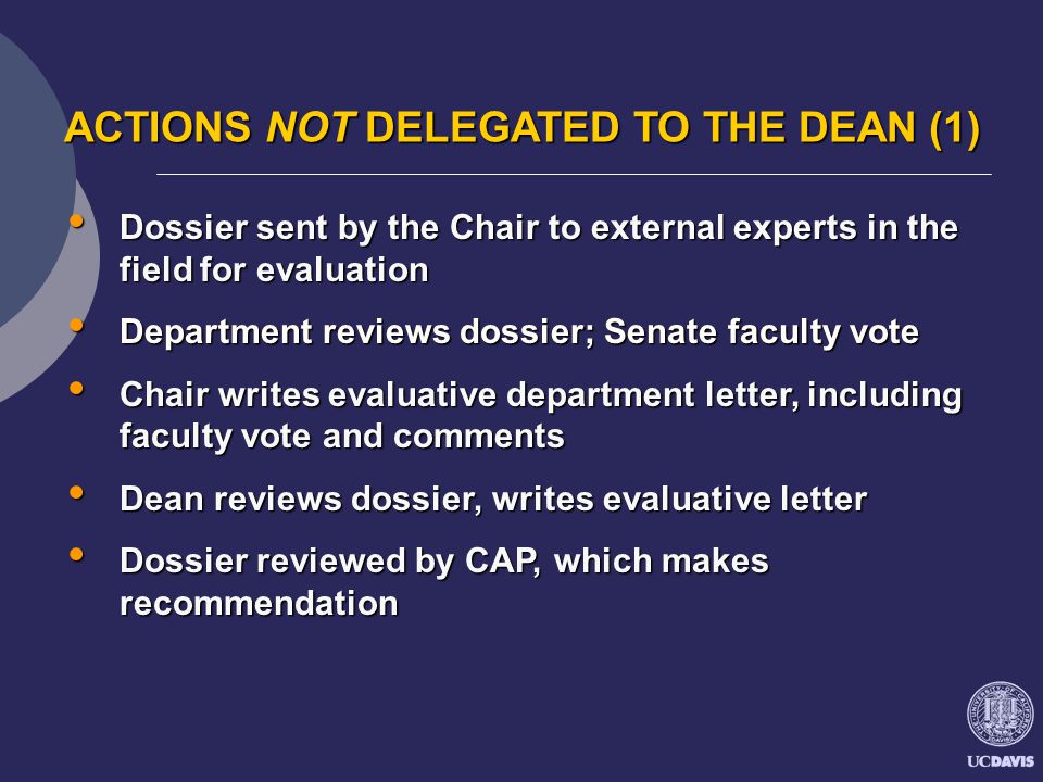 Dossier sent by the Chair to external experts in the field for evaluation Dossier sent by the Chair to external experts in the field for evaluation Department reviews dossier; Senate faculty vote Department reviews dossier; Senate faculty vote Chair writes evaluative department letter, including faculty vote and comments Chair writes evaluative department letter, including faculty vote and comments Dean reviews dossier, writes evaluative letter Dean reviews dossier, writes evaluative letter Dossier reviewed by CAP, which makes recommendation Dossier reviewed by CAP, which makes recommendation ACTIONS NOT DELEGATED TO THE DEAN (1) ACTIONS NOT DELEGATED TO THE DEAN (1)