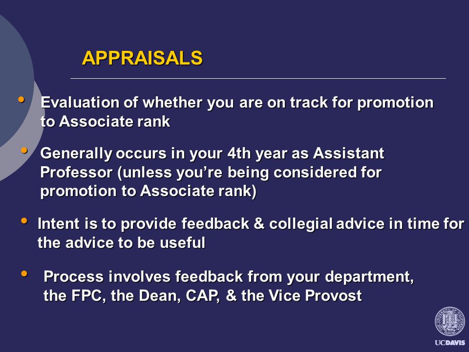 Intent is to provide feedback & collegial advice in time for the advice to be useful Intent is to provide feedback & collegial advice in time for the advice to be useful Evaluation of whether you are on track for promotion to Associate rank Evaluation of whether you are on track for promotion to Associate rank APPRAISALS APPRAISALS Generally occurs in your 4th year as Assistant Professor (unless you’re being considered for promotion to Associate rank) Generally occurs in your 4th year as Assistant Professor (unless you’re being considered for promotion to Associate rank) Process involves feedback from your department, the FPC, the Dean, CAP, & the Vice Provost Process involves feedback from your department, the FPC, the Dean, CAP, & the Vice Provost