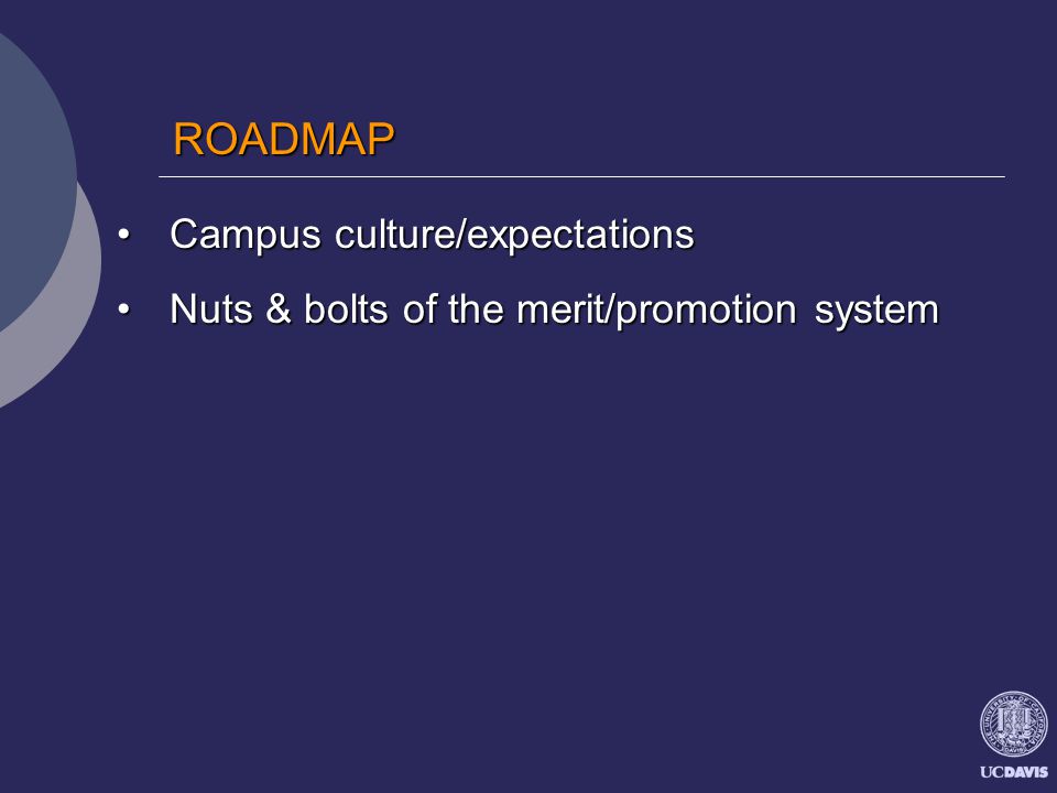 ROADMAP ROADMAP Campus culture/expectationsCampus culture/expectations Nuts & bolts of the merit/promotion systemNuts & bolts of the merit/promotion system