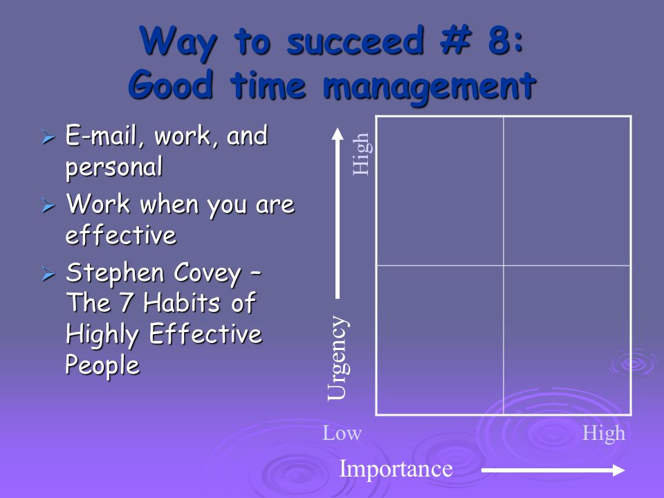 Way to succeed # 8: Good time management   , work, and personal  Work when you are effective  Stephen Covey – The 7 Habits of Highly Effective People Importance Urgency LowHigh