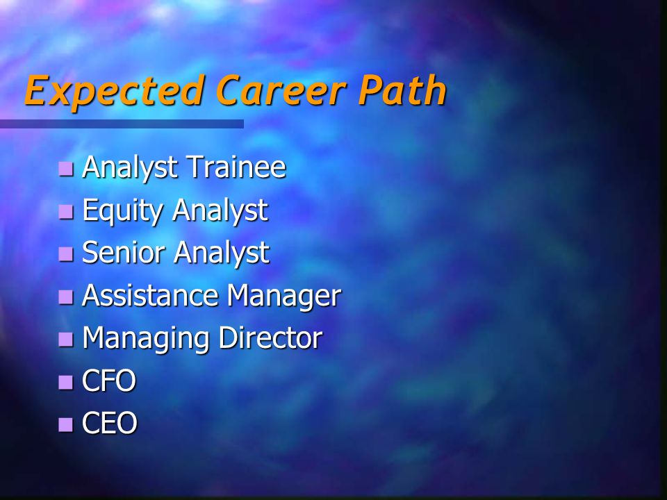 Expected Career Path Analyst Trainee Analyst Trainee Equity Analyst Equity Analyst Senior Analyst Senior Analyst Assistance Manager Assistance Manager Managing Director Managing Director CFO CFO CEO CEO