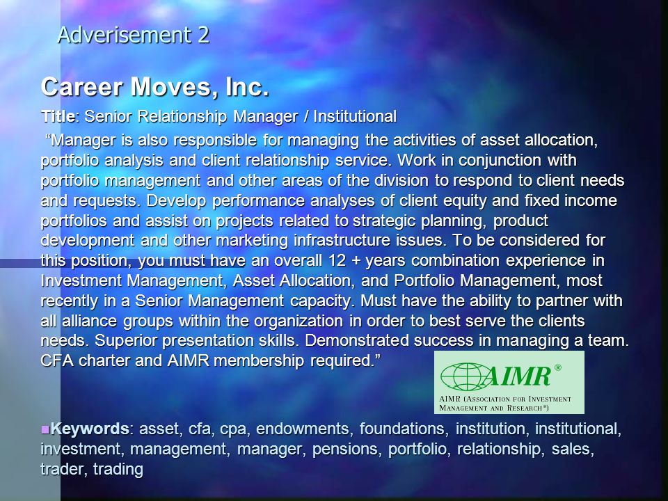 Adverisement 2 Career Moves, Inc.
