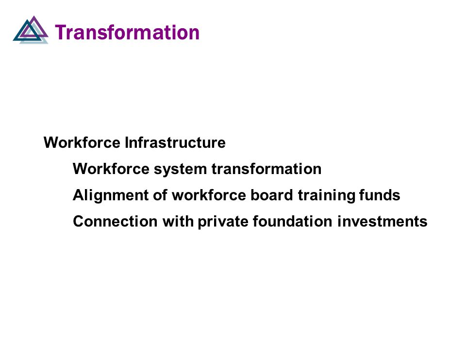 Transformation Workforce Infrastructure Workforce system transformation Alignment of workforce board training funds Connection with private foundation investments